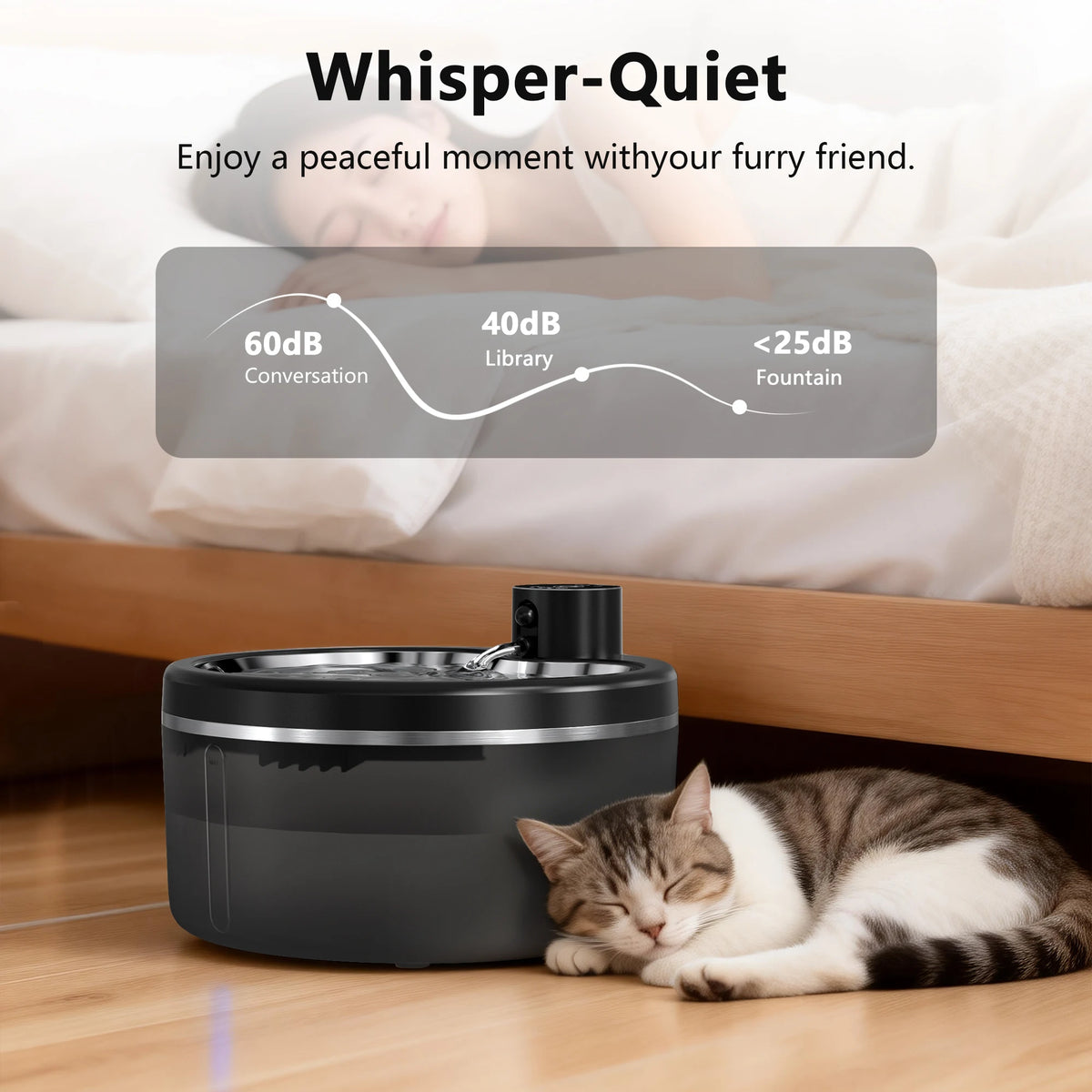 Fontana d'acqua per gatti 3L wireless, filtro inox, batteria 4000 mAh