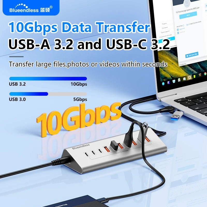 Hub docking USB‑C 10 Gbps 4/10 porte alluminio con lettore SD/TF