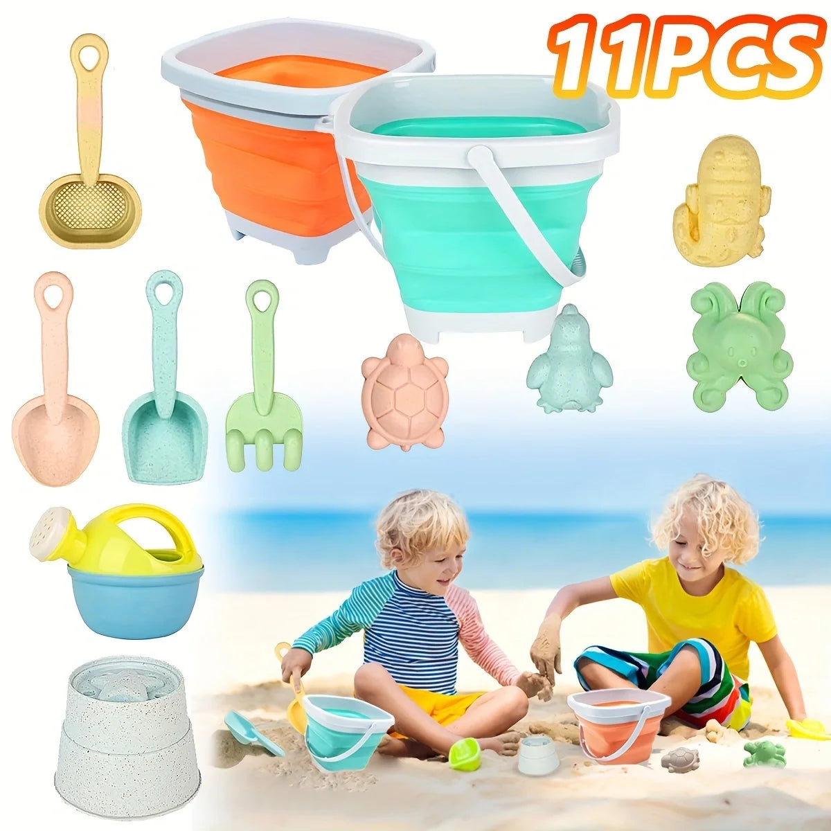 Set 11 Giocattoli da Spiaggia con Secchiello Pieghevole e Stampo Sabbia per…