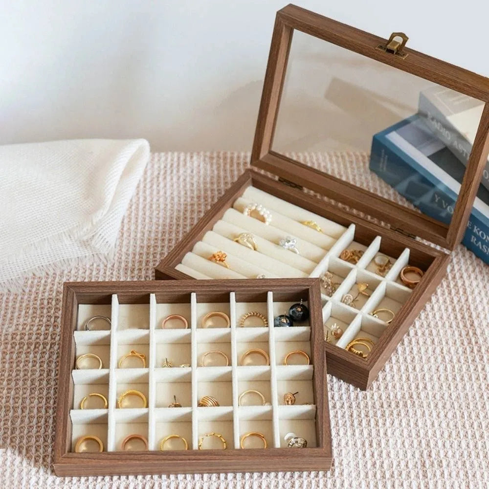 Convenient Elegant Wood Jewelry Box Glass Lid Dust-proof Earrings Display Tray Storage Box Velvet Jewelry Organizer Home