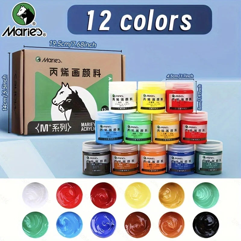 Set Acrylic Paint 12 Colori 50ml per Pittura su Tela, Legno, Vetro e Porcellana