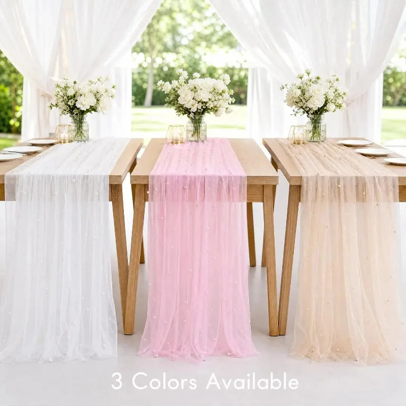 75x200cm Pearl Tulle Table Runner Polyester Beaded Mesh Wedding Veil Bouquet Wrapping Party Bridal Decorations DIY Tablecloth