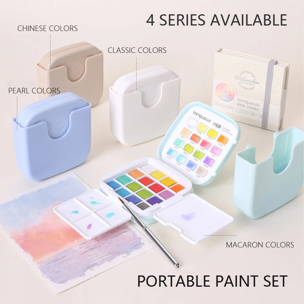 Set portatile di acquerelli solidi 16 colori con pennello e tavolozza