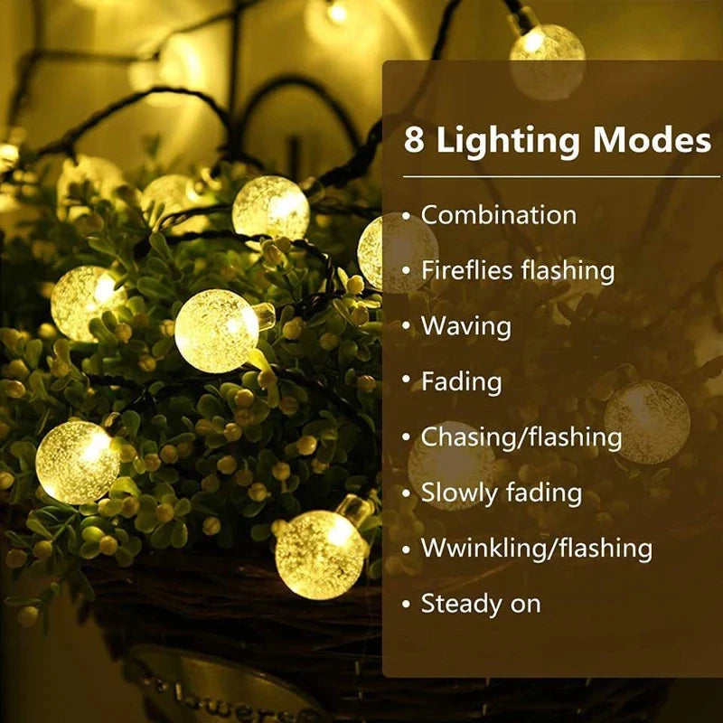 Luci Solari a Catena con Sfere di Cristallo – 60 LED, 8 Modalità, IP65, 10 m