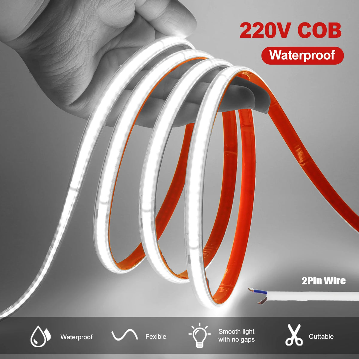 Striscia LED COB 220V 10 mm, 240 LED/m, IP65, 3‑6 kK, autocollante, tagliabile…