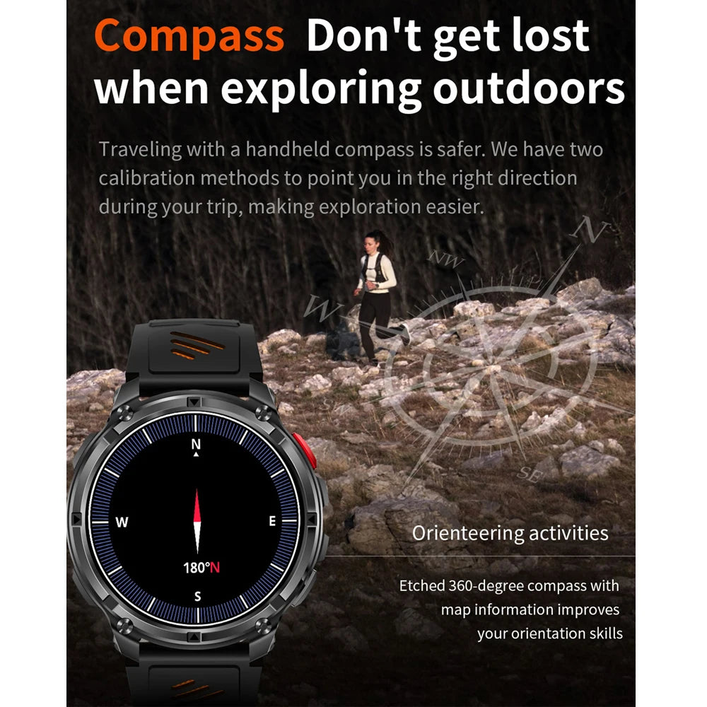 Smartwatch Sport GPS Militare 5ATM — Impermeabile, con Bussola
