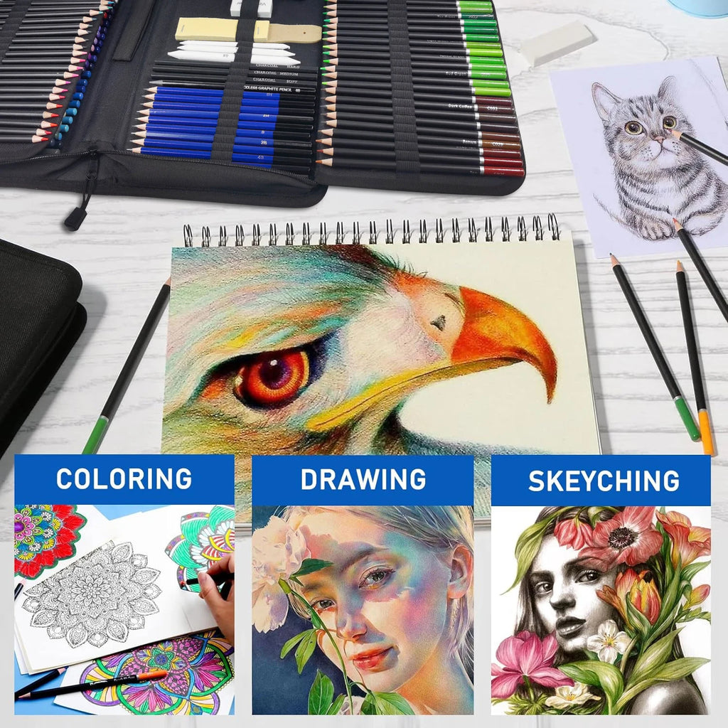 Set di disegno con matite grafite e carbone e quaderno a 3 colori per sfumare