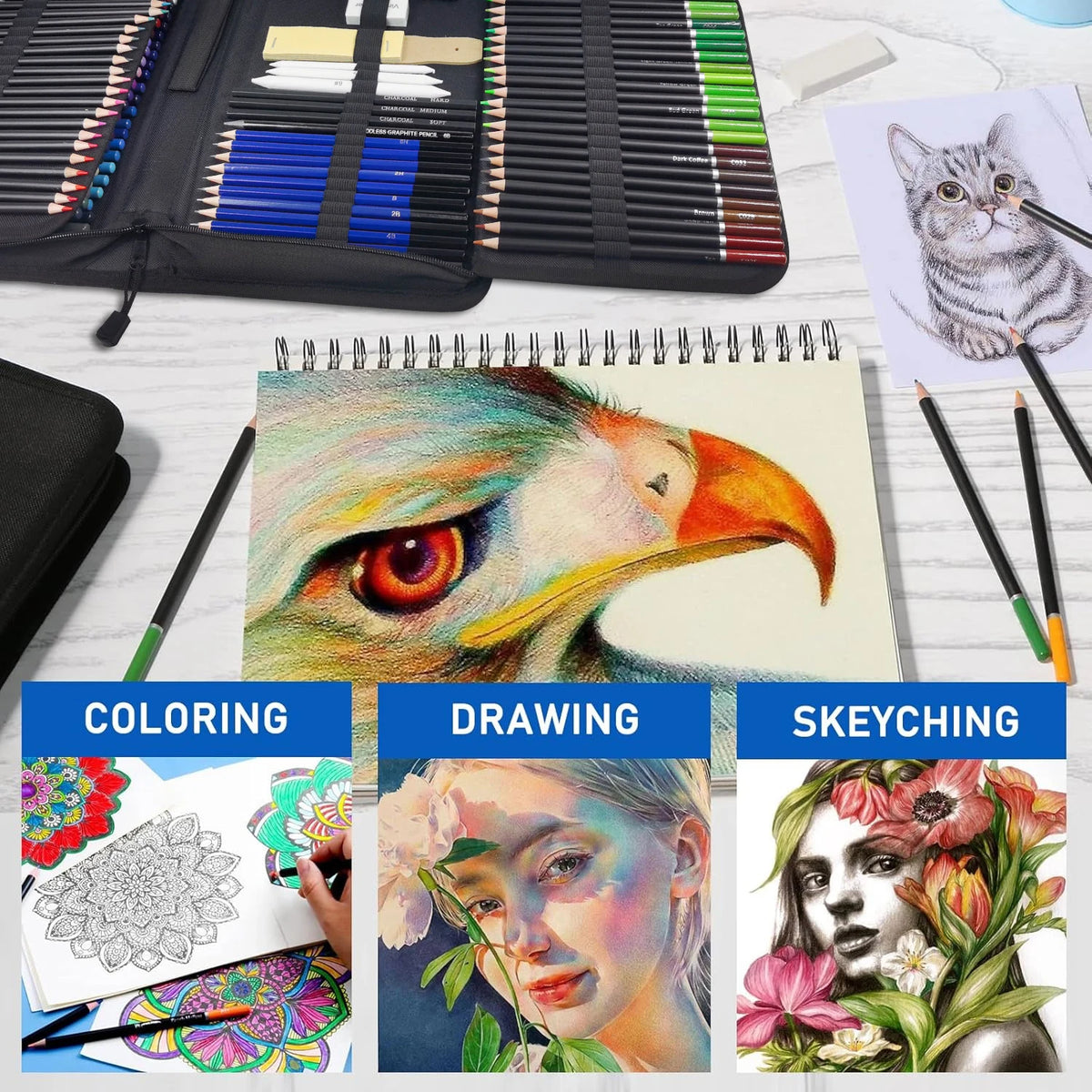 Set da disegno 42/73/146 con taccuino a 3 colori, matite grafite e carboncino