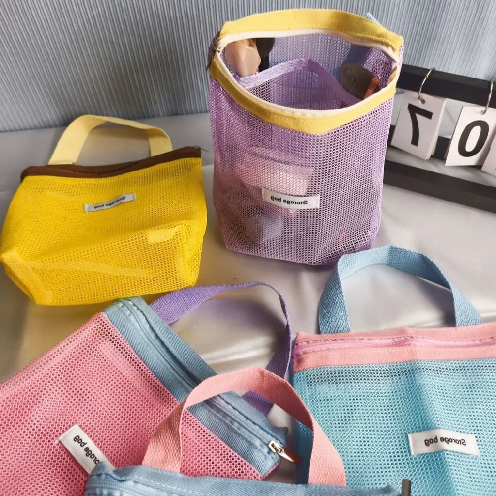 Borsa cosmetica pieghevole in rete, colore vivace, tascabile da spiaggia