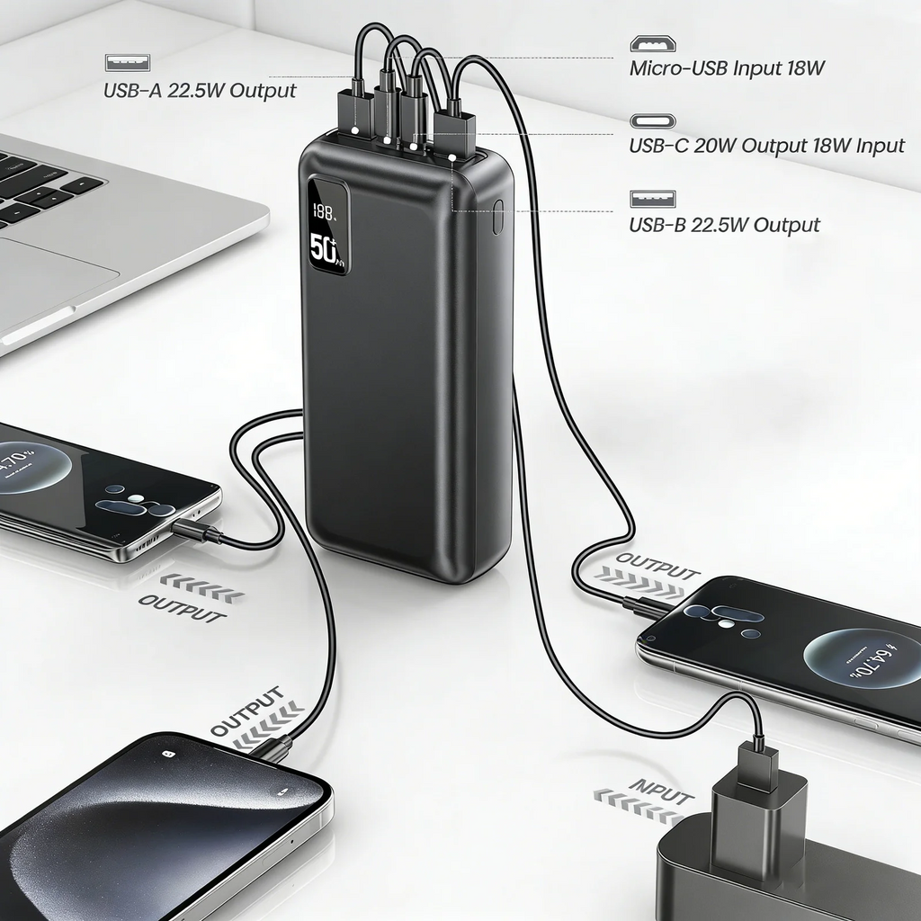 Power Bank Portatile 50000 mAh con Ricarica Rapida 22,5 W QC‑PD3.0 USB‑C