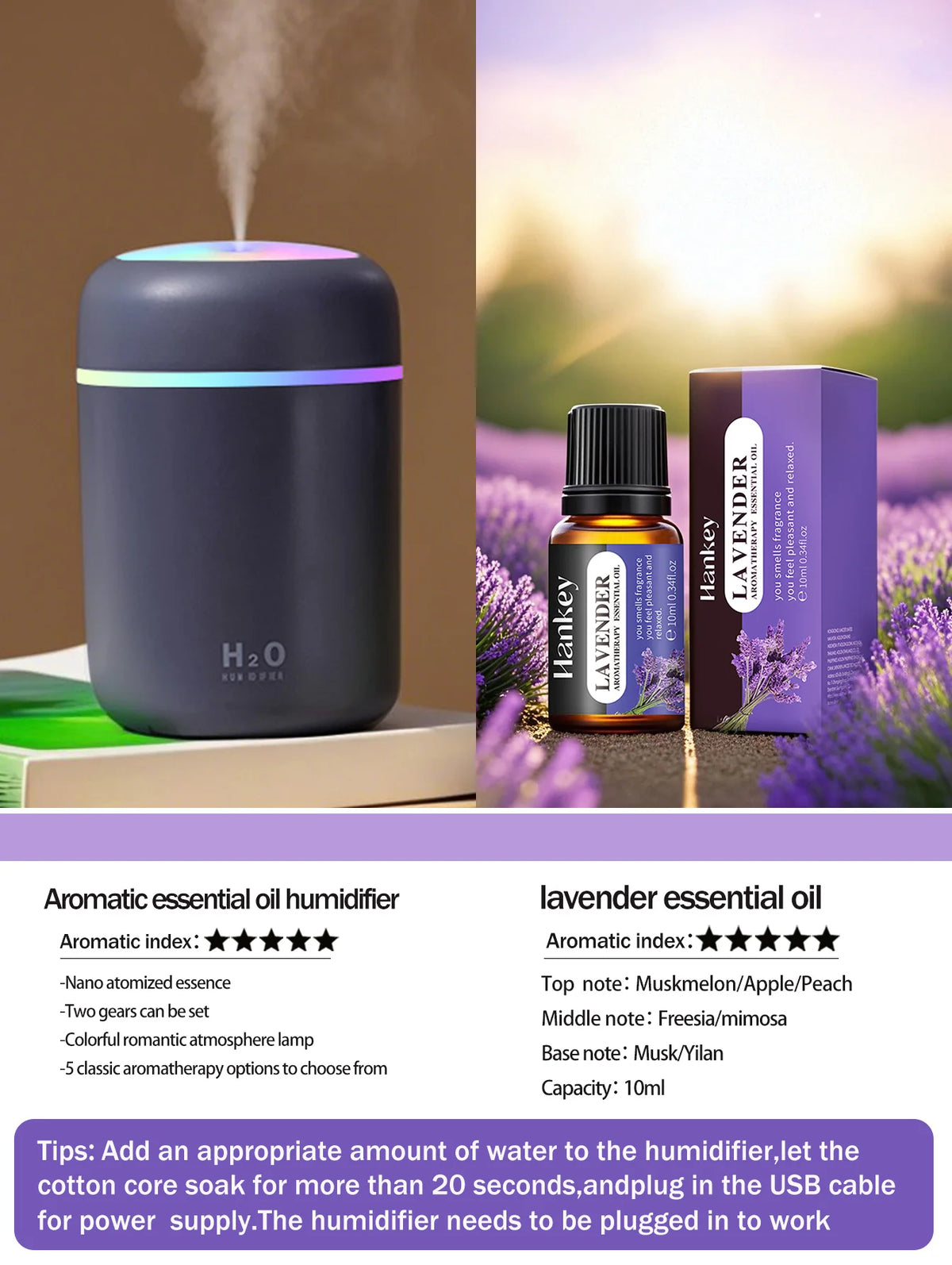 Diffusore Aromaterapico 300ml USB Luce a 7 Colori, Umidificatore per Casa e Auto