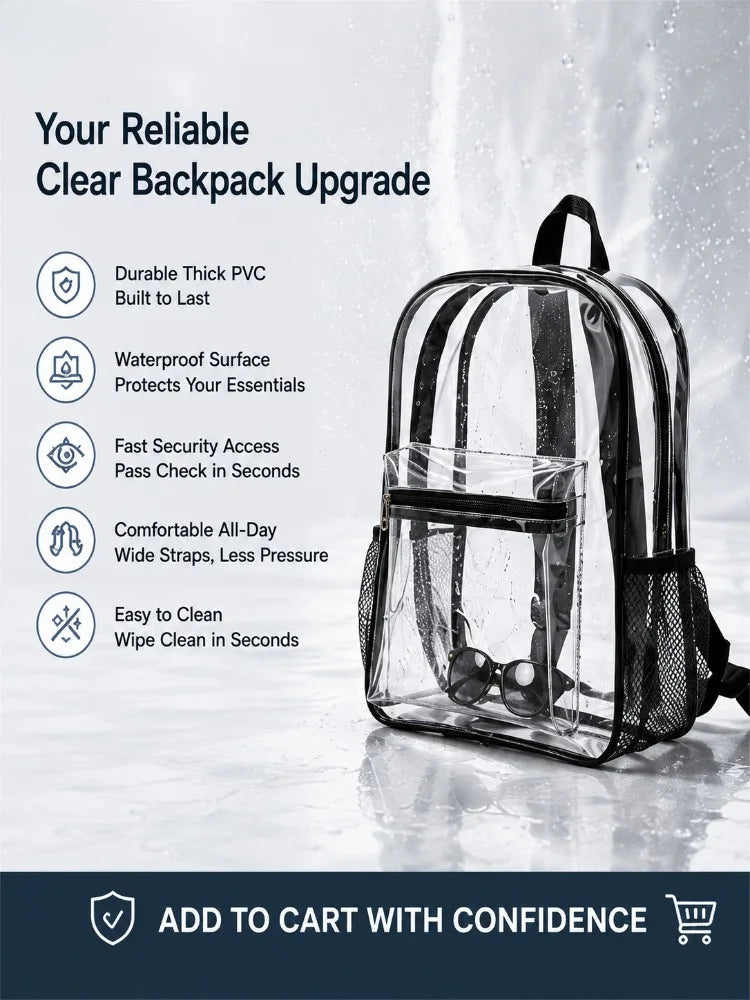 Sac à dos transparent en PVC robuste - Approuvé pour la sécurité, l'école, le stade et les festivals