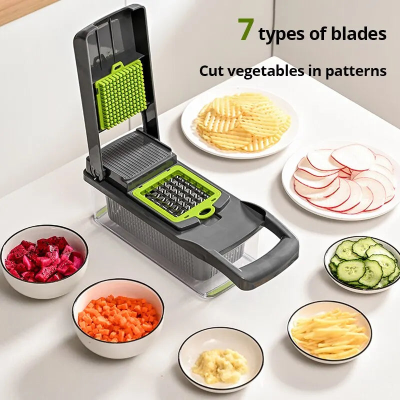 Affettatrice 12 in 1 Verde/Nera – Taglia, Grattugia e Sminuzza Verdure e Frutta