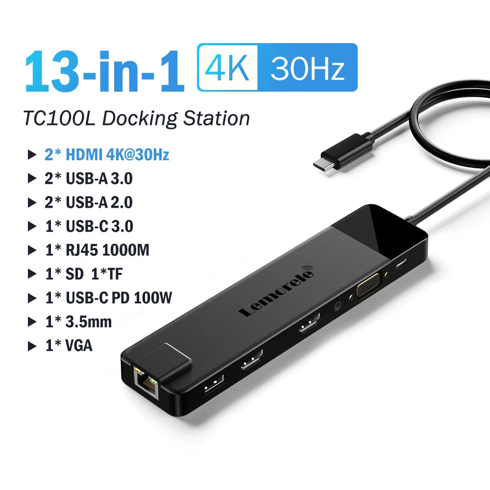 Docking Station USB‑C 13‑in‑1 4K HDMI, VGA, Ethernet, USB 3.0 e lettore SD