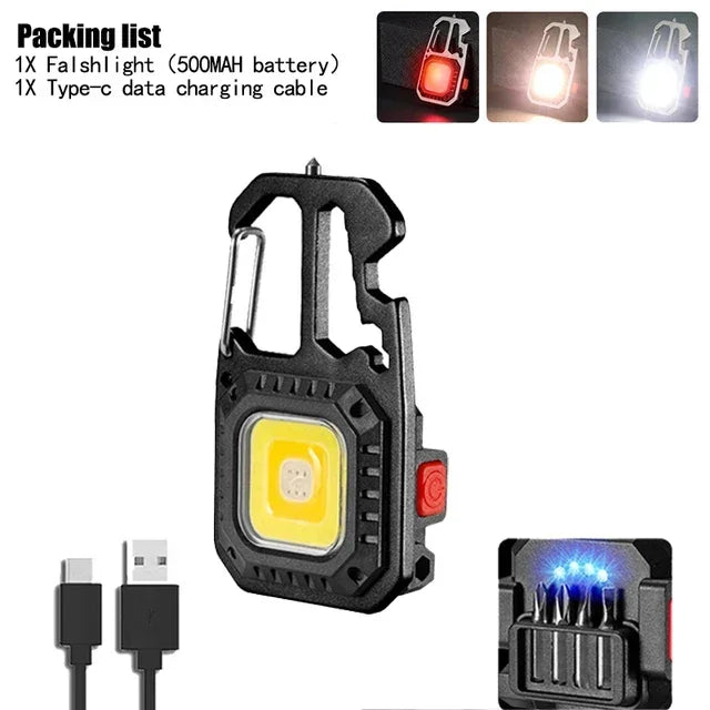 Mini torcia LED portachiavi 6 modalità con cacciavite, apribottiglie e martello