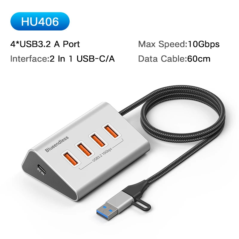 Hub docking USB‑C 10 Gbps 4/10 porte alluminio con lettore SD/TF