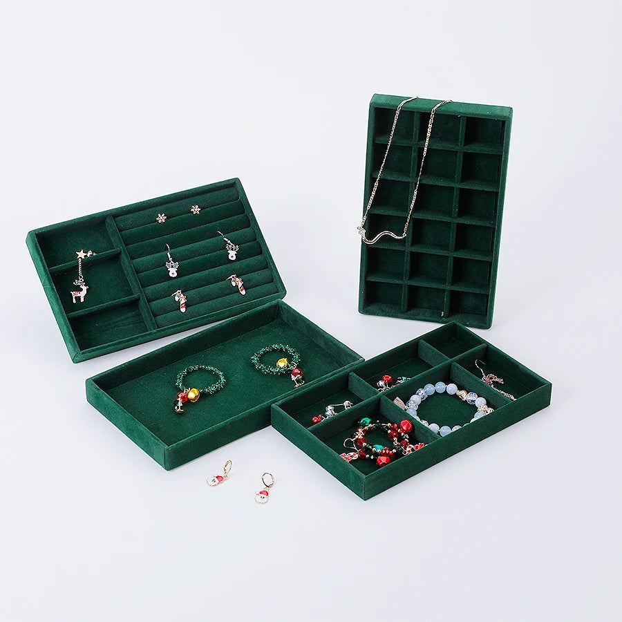 Jewelry Organizer Velvet Jewelry Storage Tray Display Ring Bracelet Necklace Storage Box Showcase Drawer Organizer Trays-Green