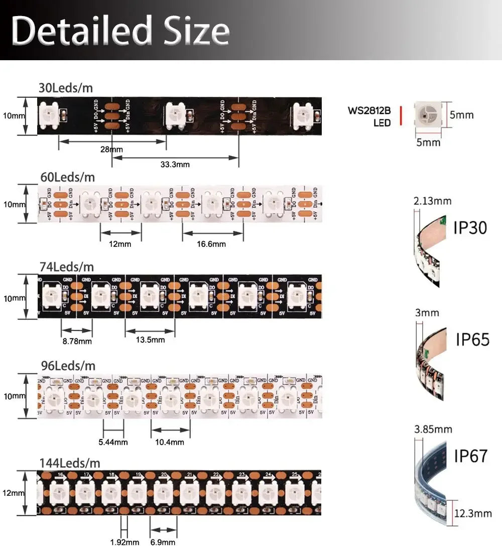 Striscia LED RGB WS2812B 5V 30-144 LED/m, indirizzabile e impermeabile