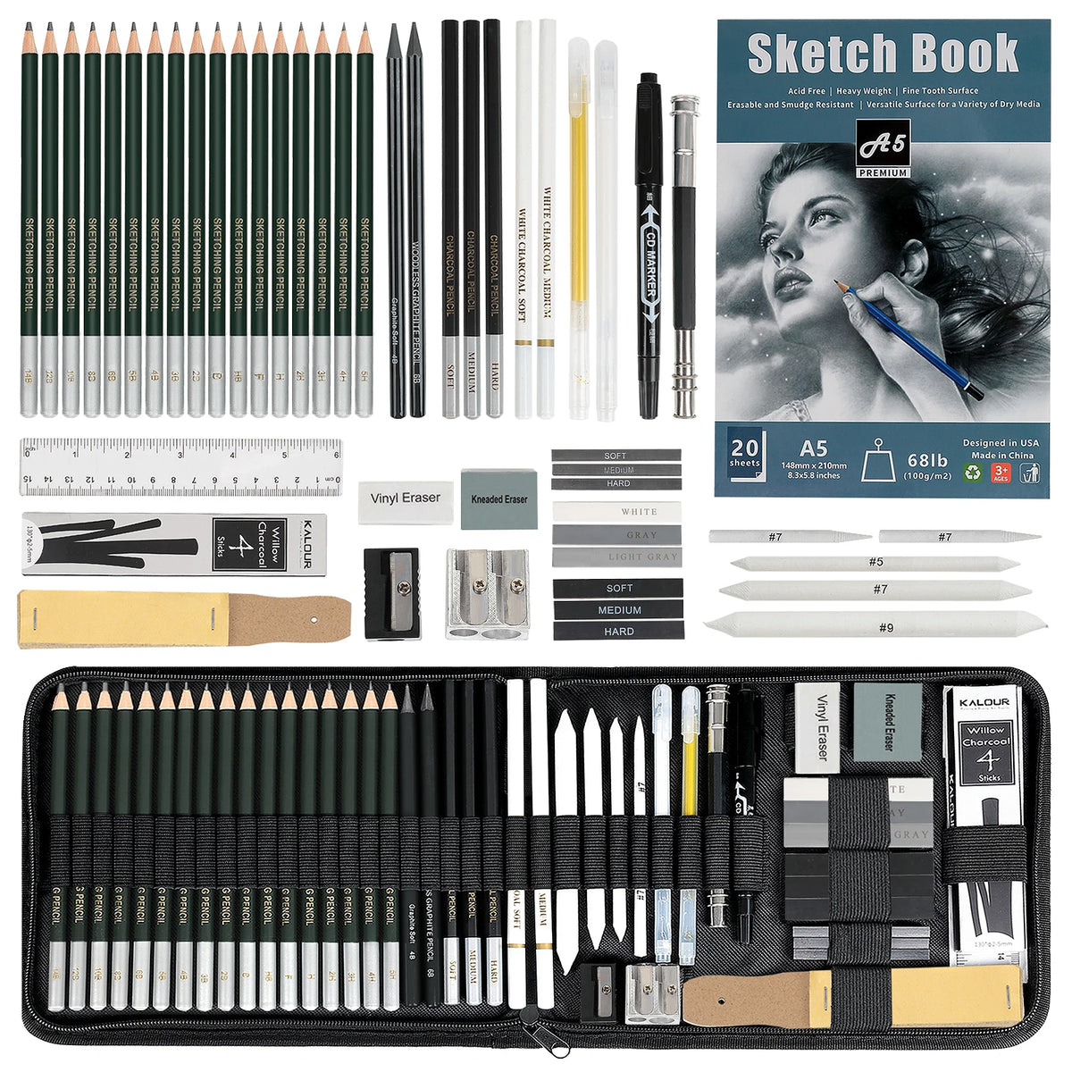 20/54/58/70/144 Drawing And Sketching Kit | Portable Travel Case | Graphite, Charcoal, White Color | Featuring Blending Stump
