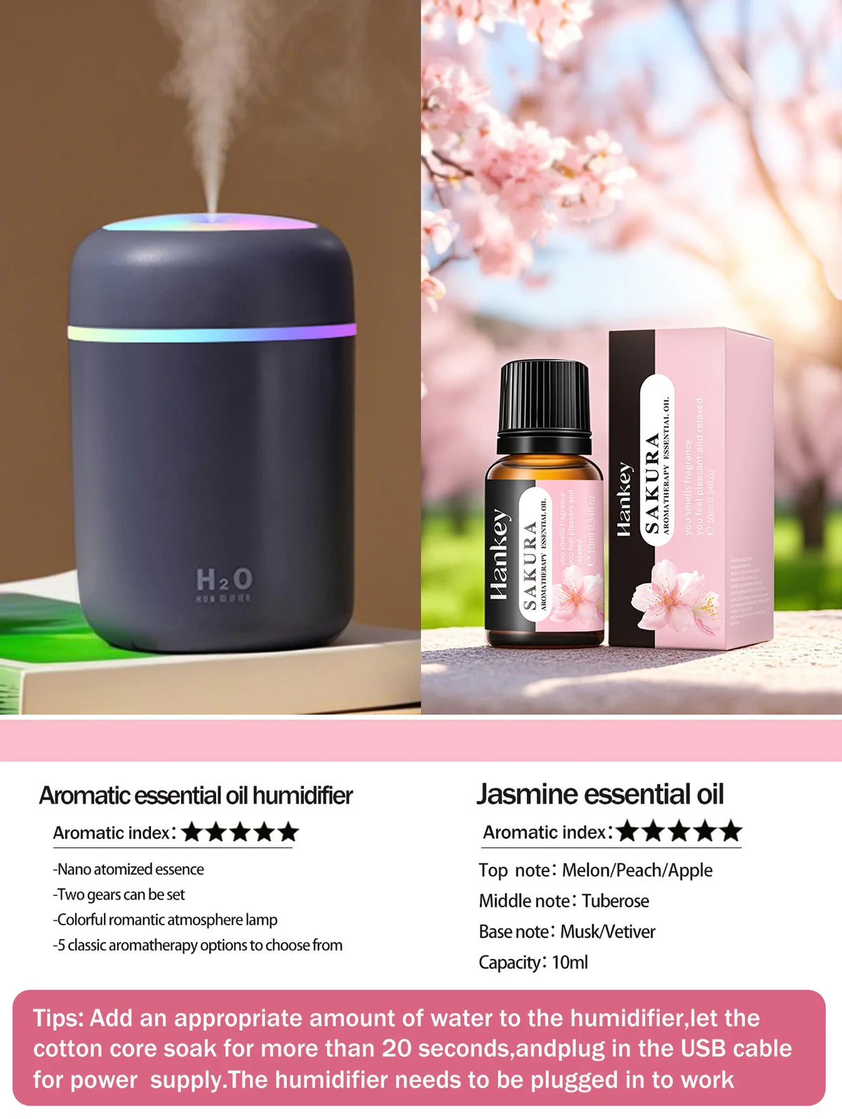 Diffusore Aromaterapico 300ml USB Luce a 7 Colori, Umidificatore per Casa e Auto