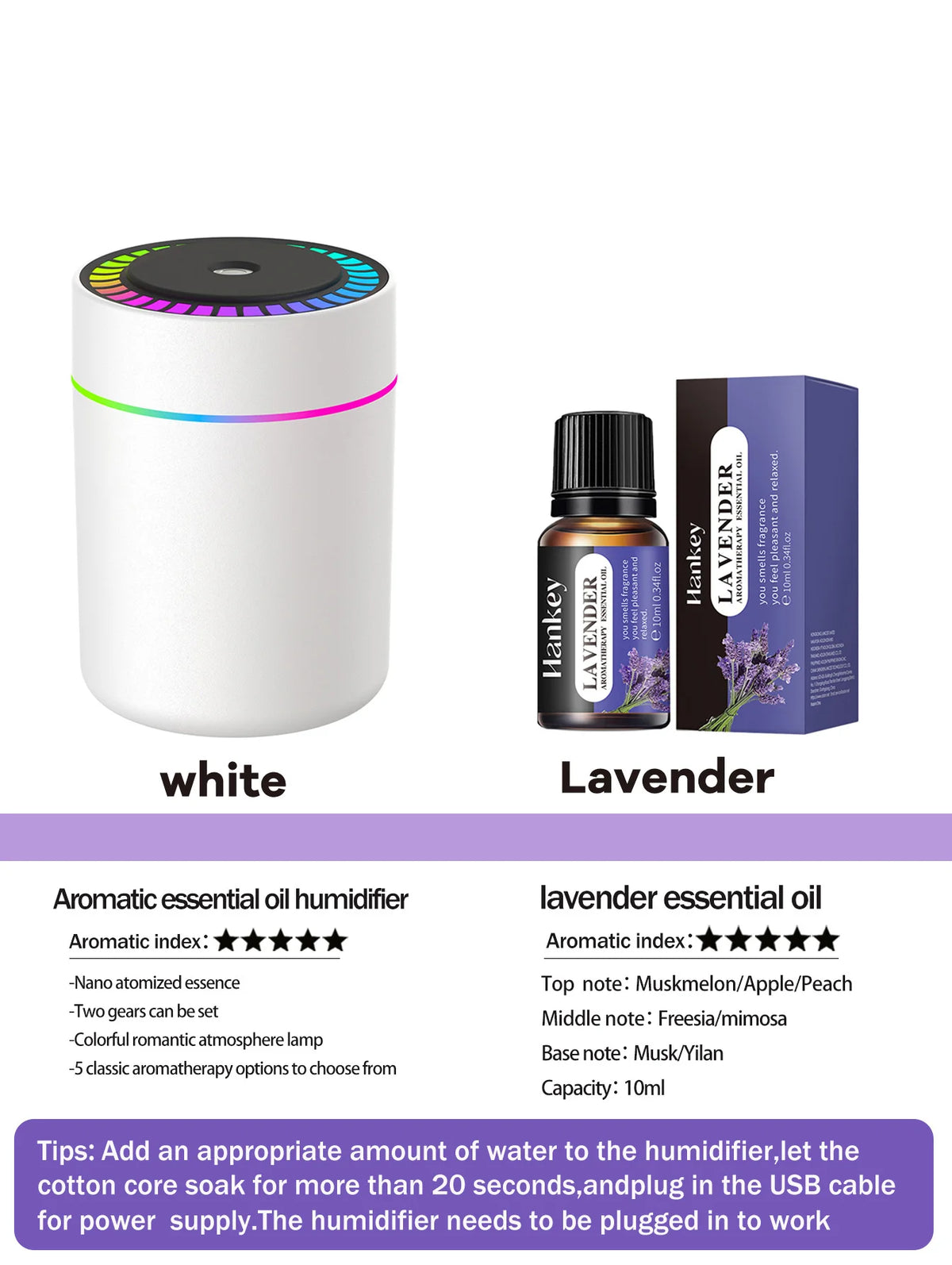 Diffusore Umidificatore 180 ml USB con LED 7 Colori e Aromaterapia