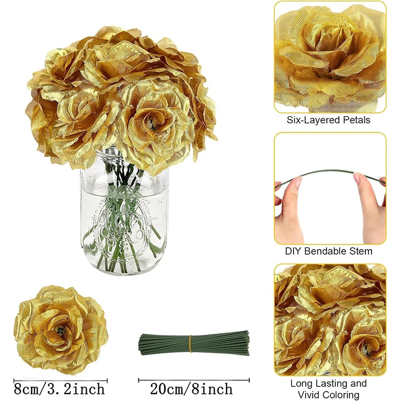 5/10/20Pcs 8cm Gold Blossom Silk Rose Artificial Flower Heads for Home Room Wedding Valentine's Day Decorations Fake Flowers
