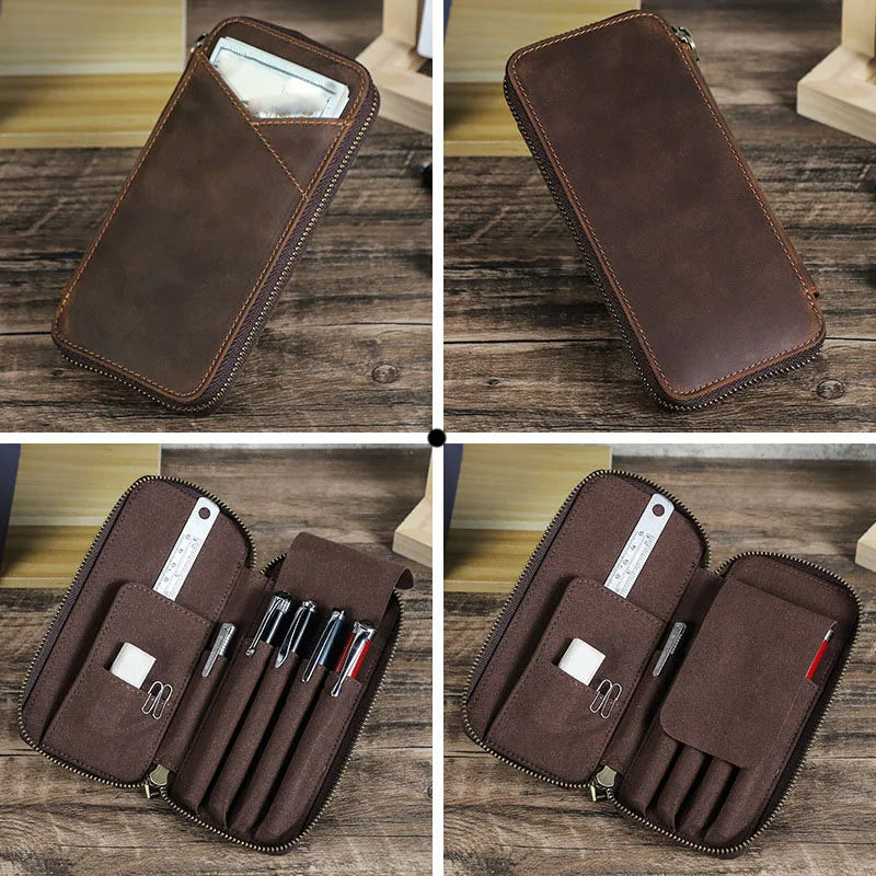 Porte-stylos en cuir véritable avec 4 compartiments, fermeture éclair, fait main