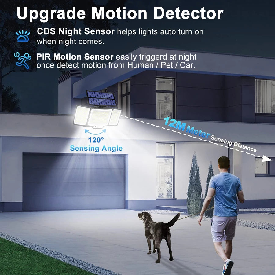 Lampada Solare da Esterno con Sensore Movimento, 3 Teste LED, IP65