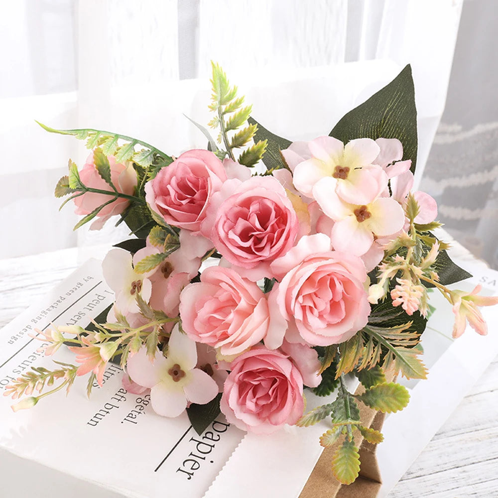 Home Decor Roses Autumn Artificial Flowers Silk Peony Hydrangea Big Bride Bouquet Wedding Home Party DIY Decoration Fake Flowers