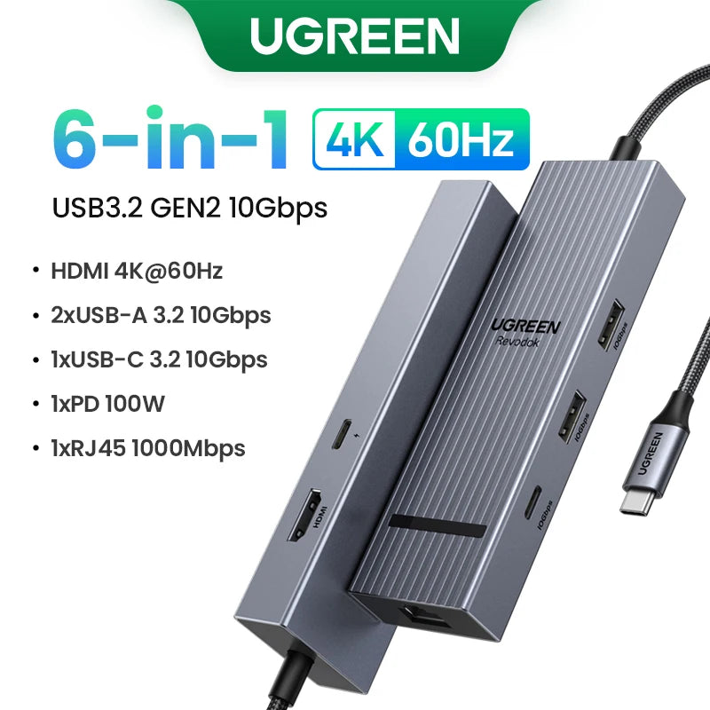 Hub USB-C 6 in 1 10 Gbps con HDMI 4K 60 Hz e ricarica PD 100 W