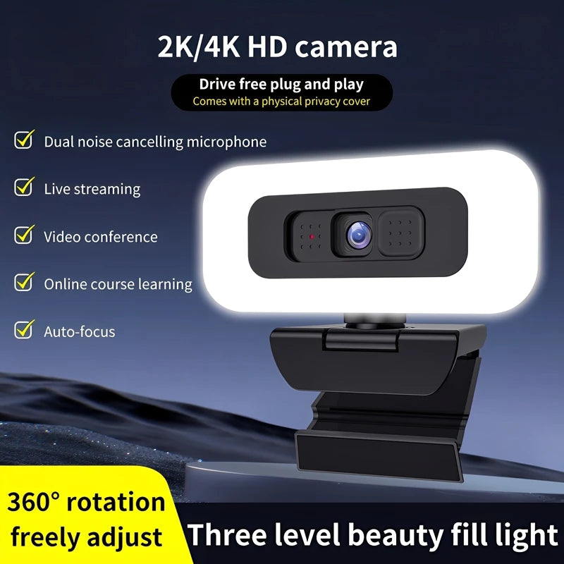 Webcam 4K Full HD con Autofocus, Luce Regolabile e Microfono Antirumore