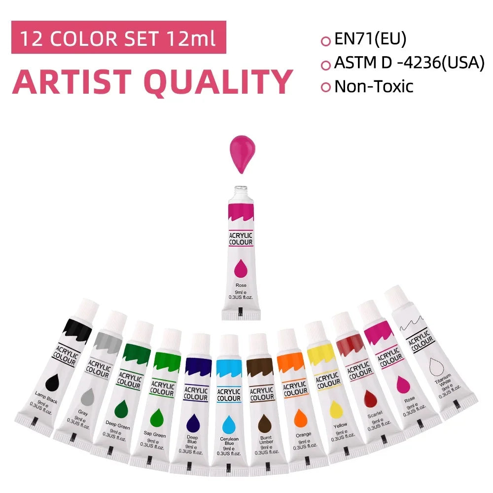 Set di 12 Acrilici 9ml – Colori Vivaci e Resistenti per Tela, Carta e Legno