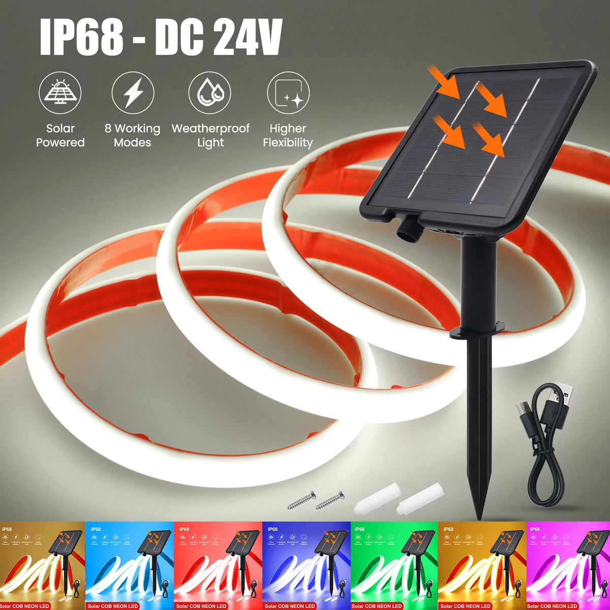 Striscia LED COB 24V impermeabile, colori multipli, energia solare