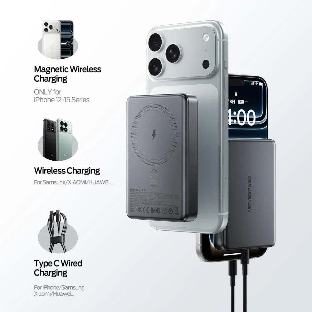 【CCC】MOVESPEED P07 Semi-Solid-State Battery Power Bank 10000mAh 5000mAh Magnetic Wireless Charge Powerbank for iPhone 17 16 15