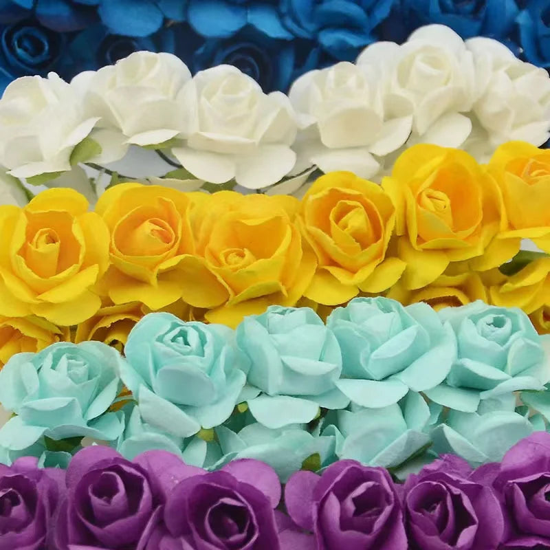 144PCS/lot 1.5cm Paper Rose Artificial Rose Flowers Hands For Wedding Decoration Scrapbooking Small Fake Flower Bouquet