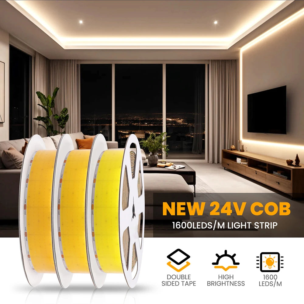 12V 24V COB LED Strip Light 1 2 5 Rows Super Bright 320 600 1600LED/M Flexible Tape High Density Linear Lights 3000K 4000K 6500K