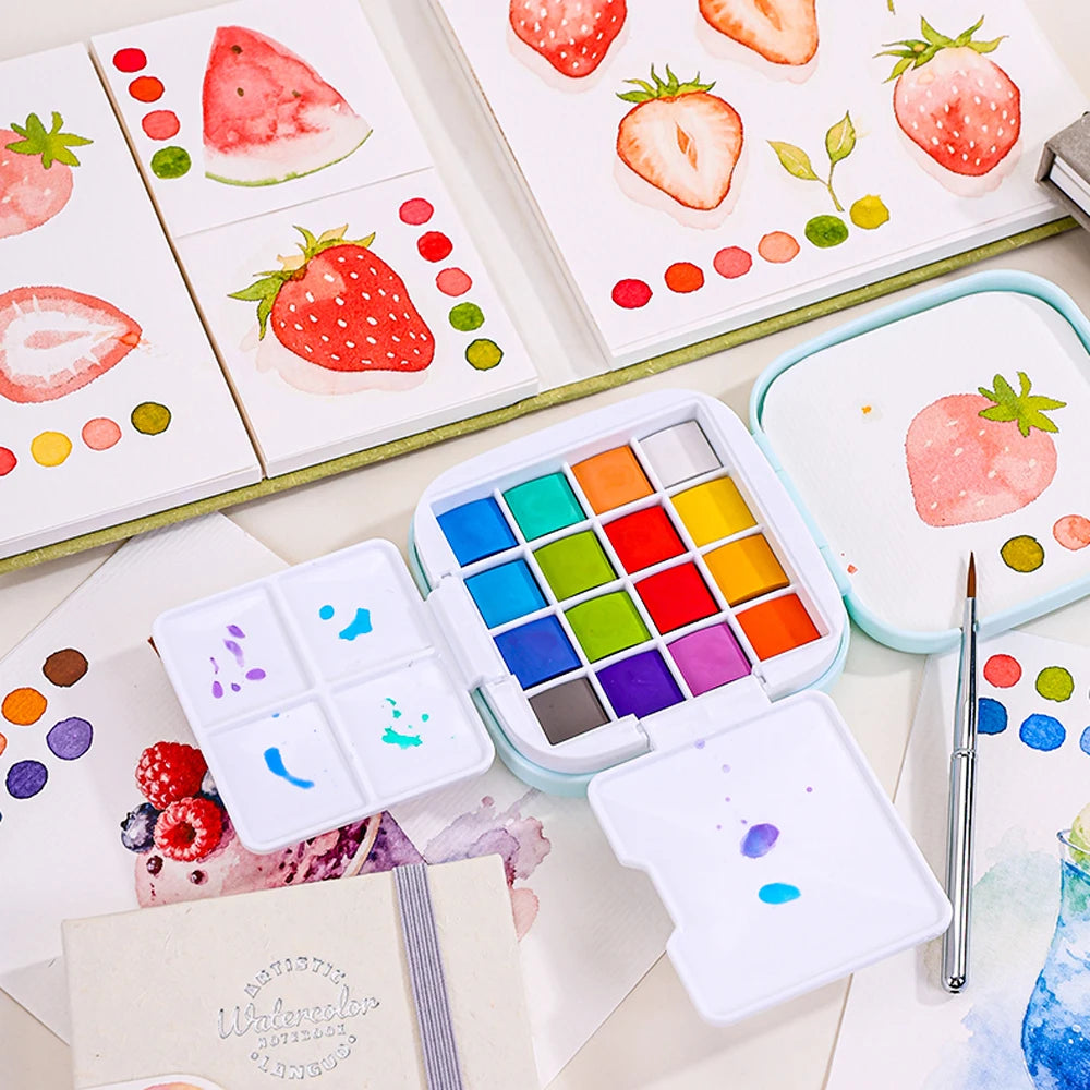 Set portatile di acquerelli solidi 16 colori con pennello e tavolozza