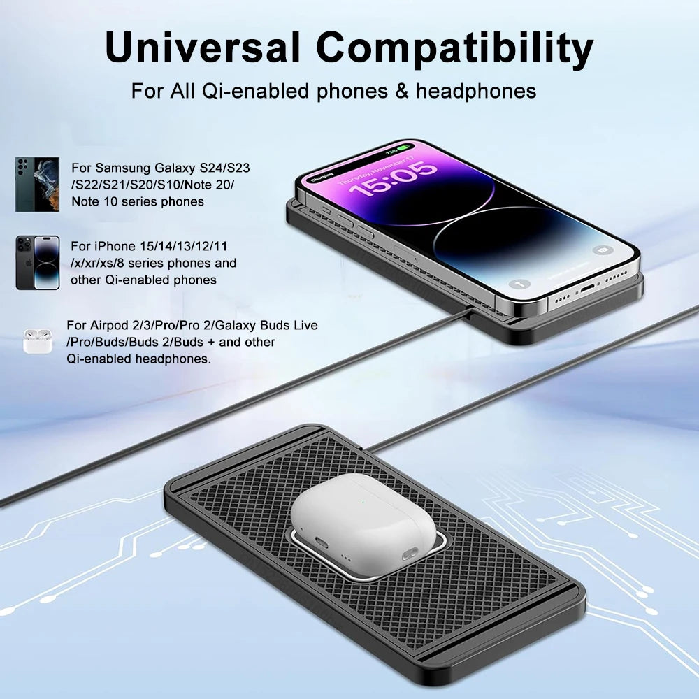Pad ricarica wireless auto 15W silicone antiscivolo per iPhone e Android