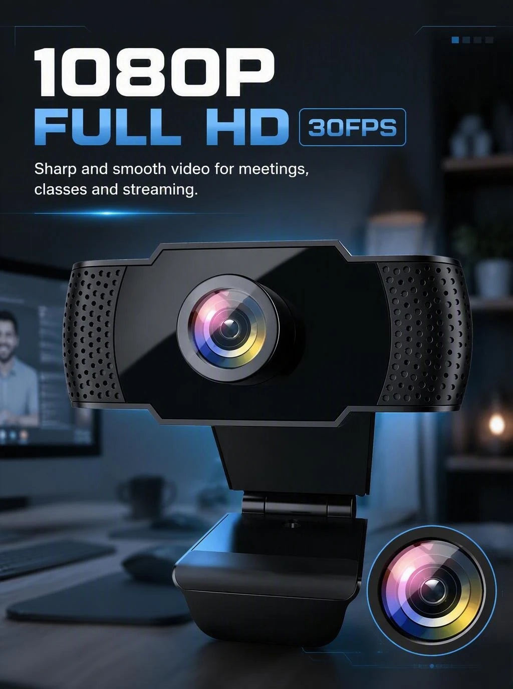 Webcam Full HD 1080P con microfono, auto‑focus e luce LED – USB Plug‑and‑Play