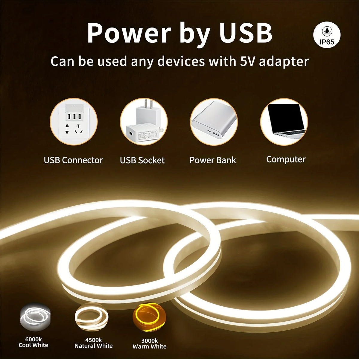 Striscia LED Neon USB 5V Dimmabile, Silicone Flessibile, Impermeabile IP67