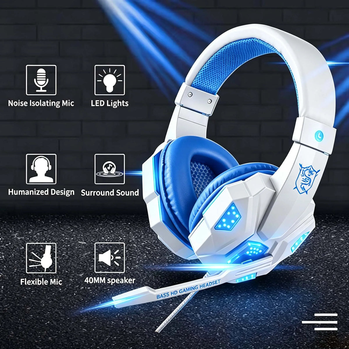 Cuffie Gaming RGB con Microfono, Cavo 3.5 mm, Noise Cancelling, Bass Stereo