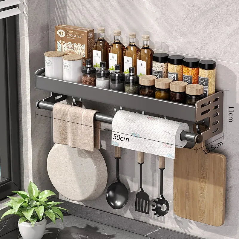 Wall Mount Utensil Holder Multifunctional Spice Organizer Shelf with Hooks Kitchen Hanging Storage Wall Shelf