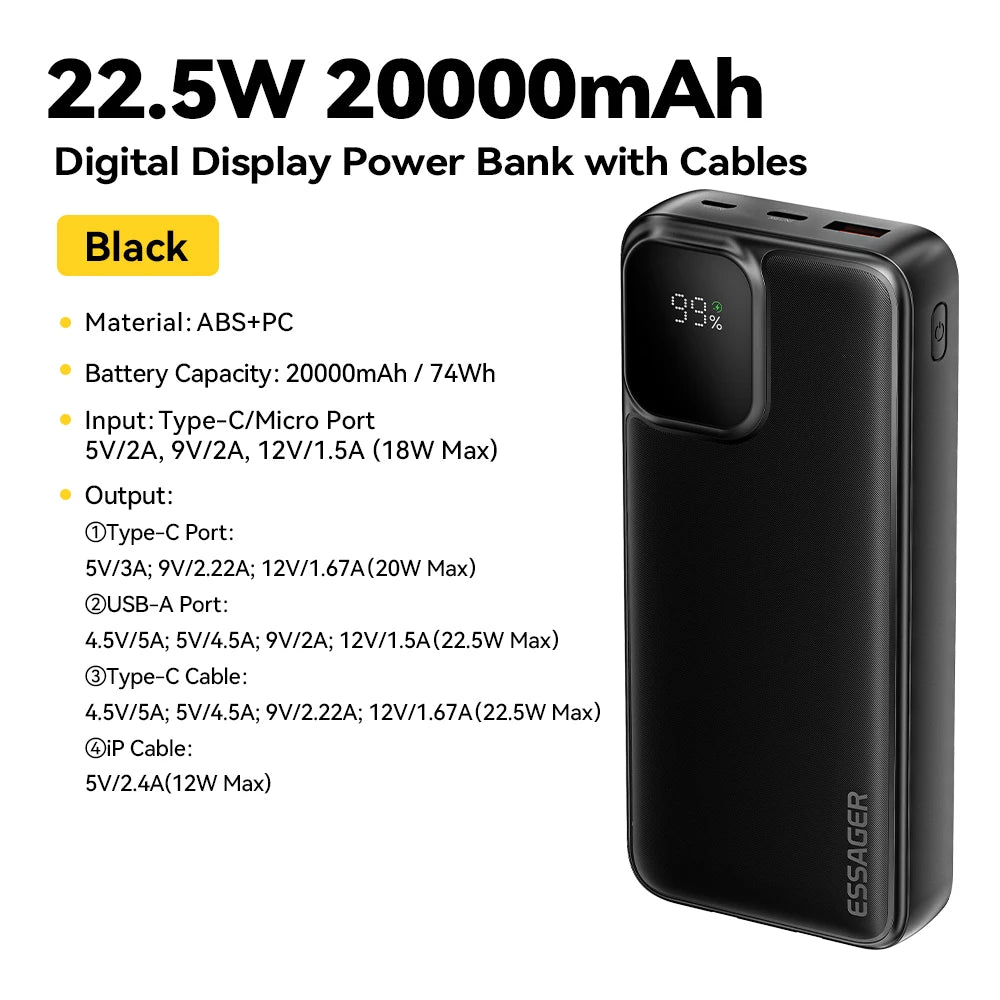 Power Bank Portatile 20000mAh Ricarica Rapida PD 22.5W con Cavi Integrati