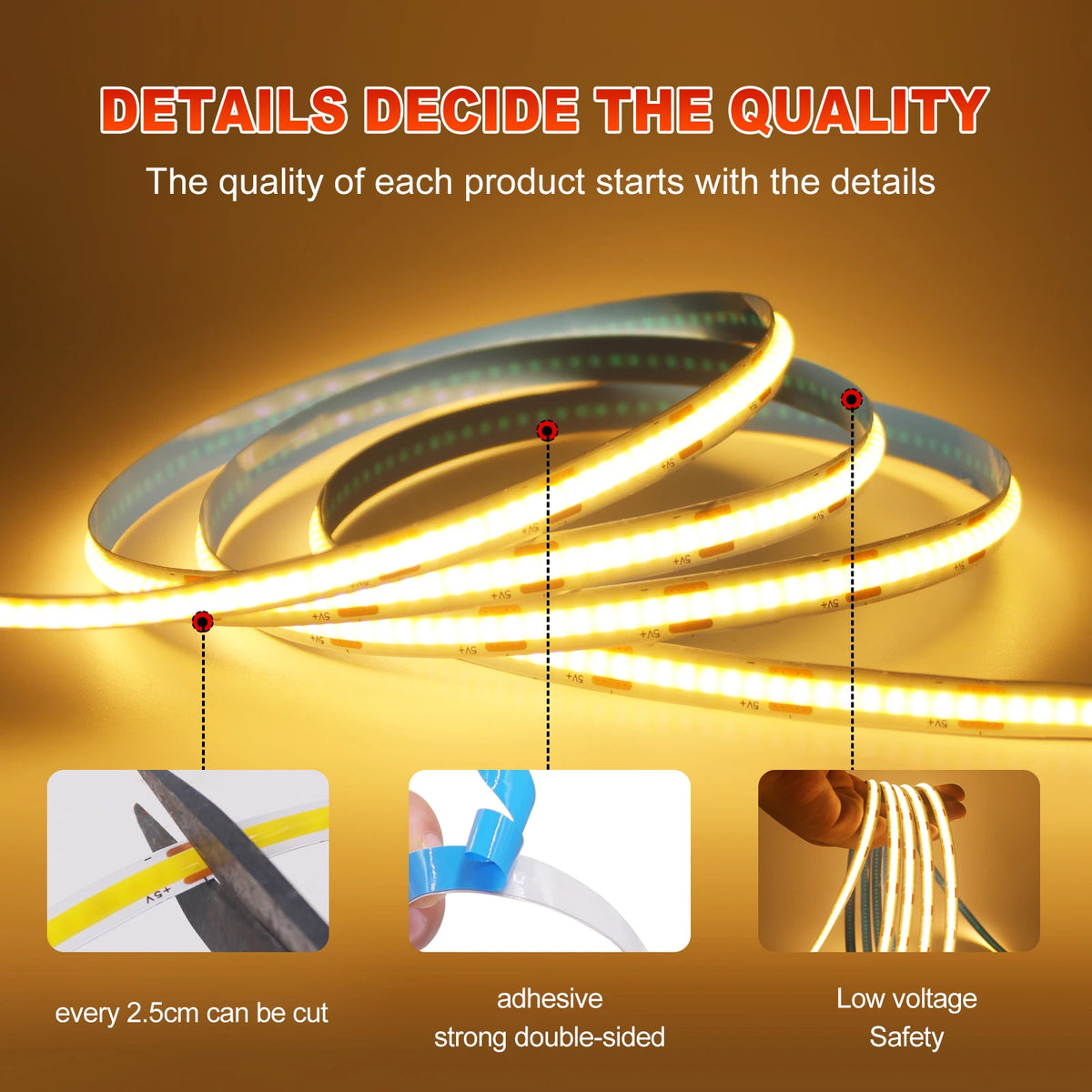 Striscia LED COB 5V USB dimmerabile, 320 LED/m, luce bianca regolabile