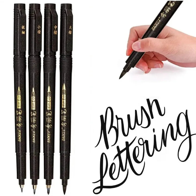 Set 4 penne per calligrafia, punta morbida e dura, inchiostro nero ricaricabile