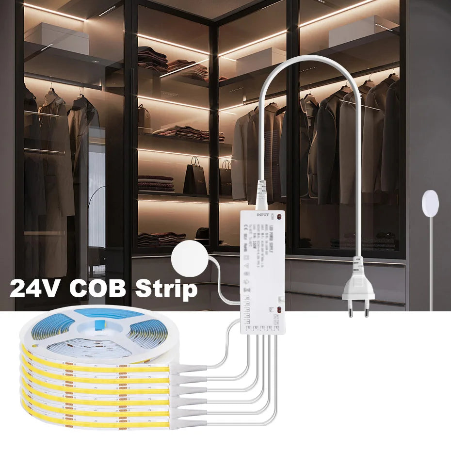 1m-5m COB Led Strip Cabinet Light DC 24V Penetrable Wood Touch Dimmer Switch Wardrobe Cupboard Showcase Pantry DIY Lights Strip