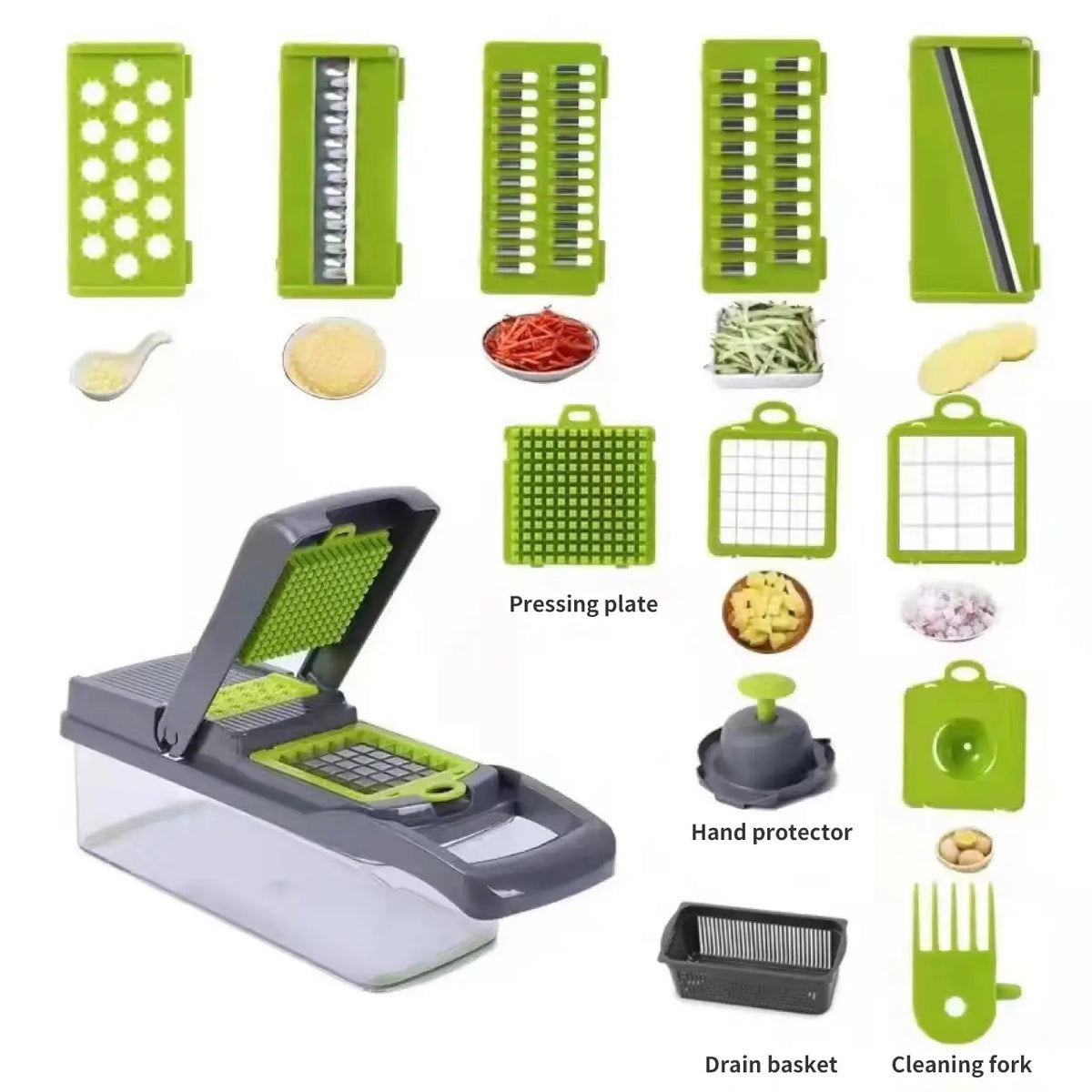 Affettatrice 12 in 1 Verde/Nera – Taglia, Grattugia e Sminuzza Verdure e Frutta