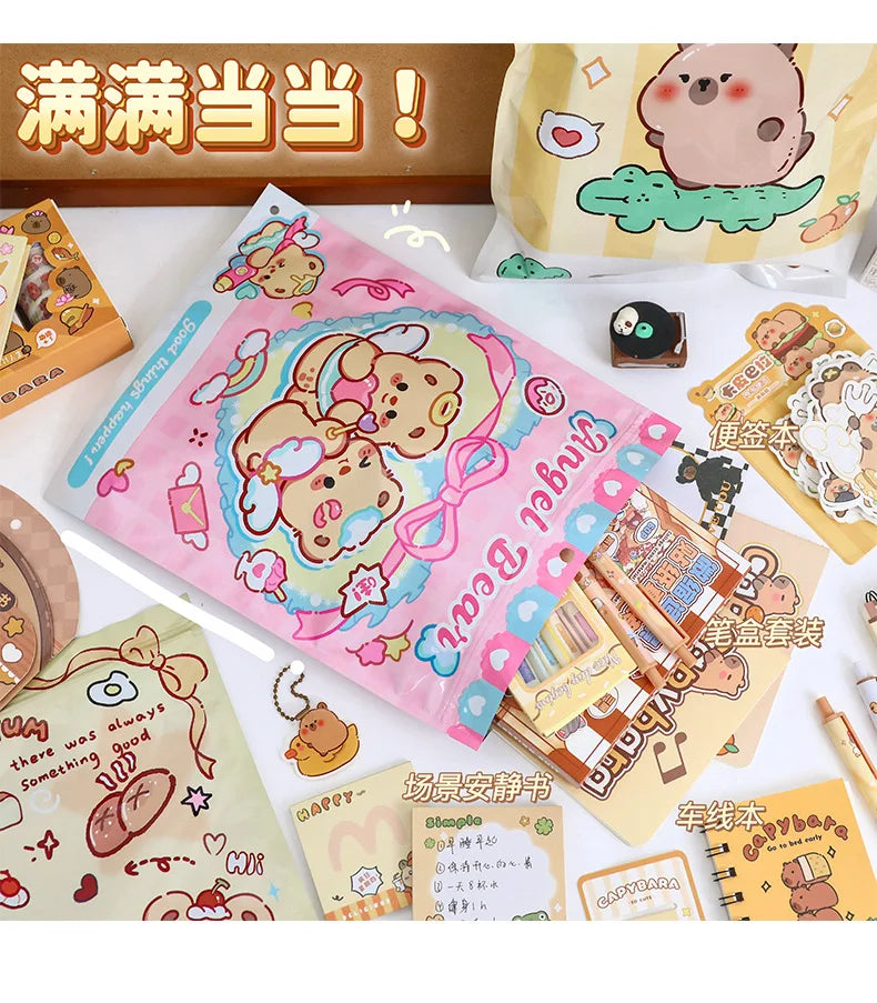 Set di cancelleria kawaii 5 pezzi: penna gel, adesivi, gomme e post-it