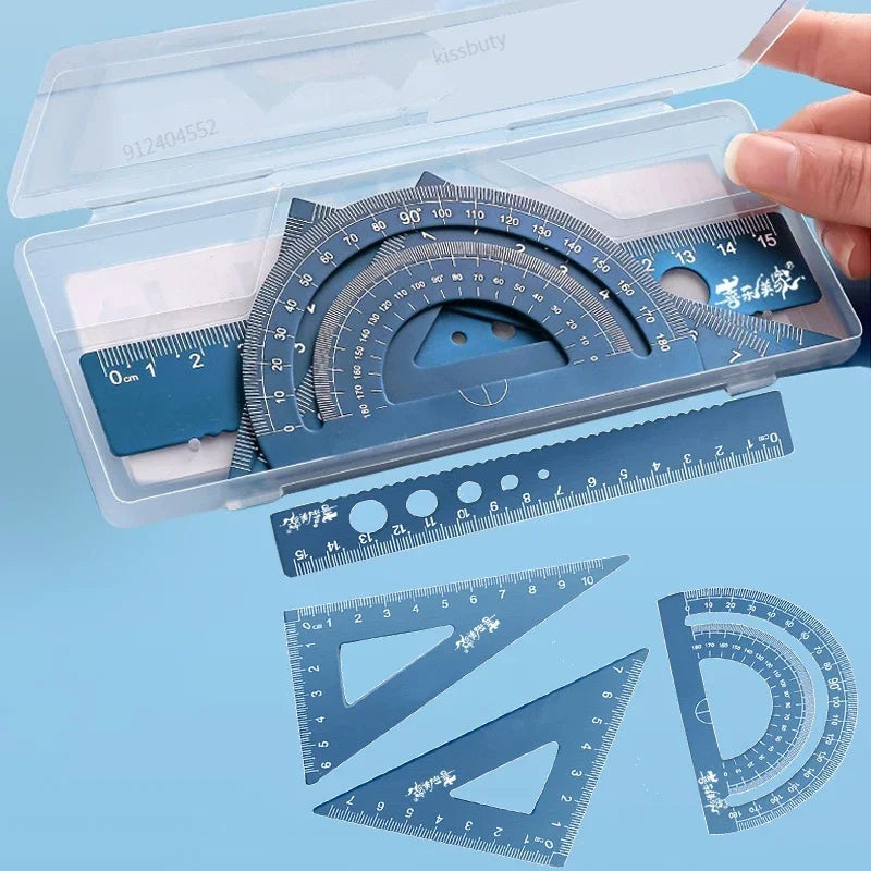 4-in-1 Aluminum Alloy Multifunctional Ruler Set, Triangle & Protractor Combo, Drawing Math Stationery for Students