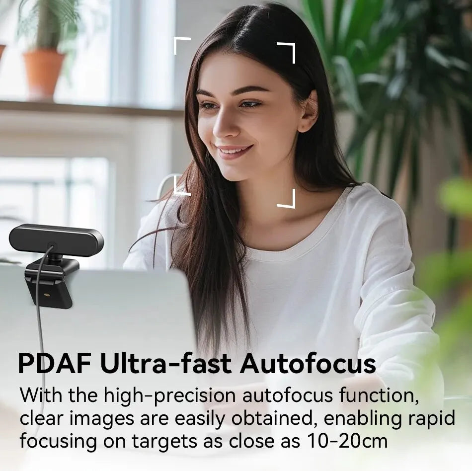 Webcam 4K 30fps con autofocus PDAF, microfoni integrati e copertura privacy